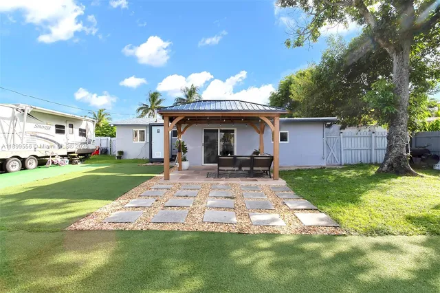 a view of a backyard with swimming pool