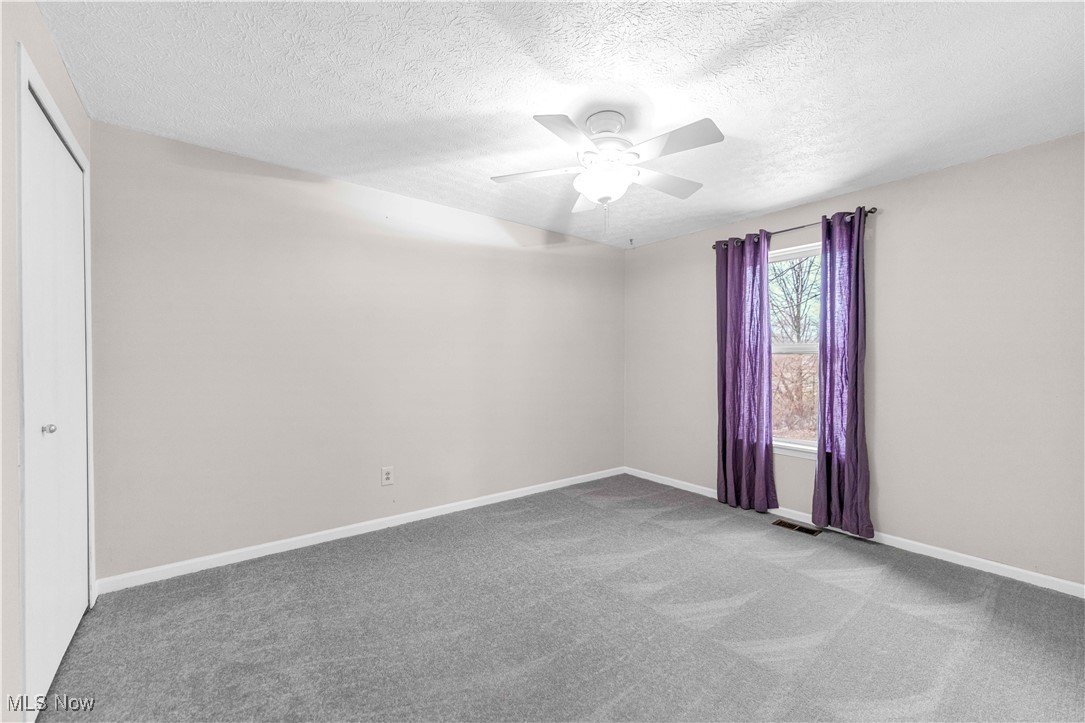 8110 Risden Road Vermilion, OH 44089 - Photo 13 of 48 Spare room featuring a textured ceiling, ceiling fan, and carpet flooring
