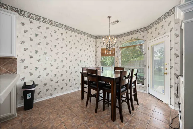 a view of a dining room with furniture window and outside view