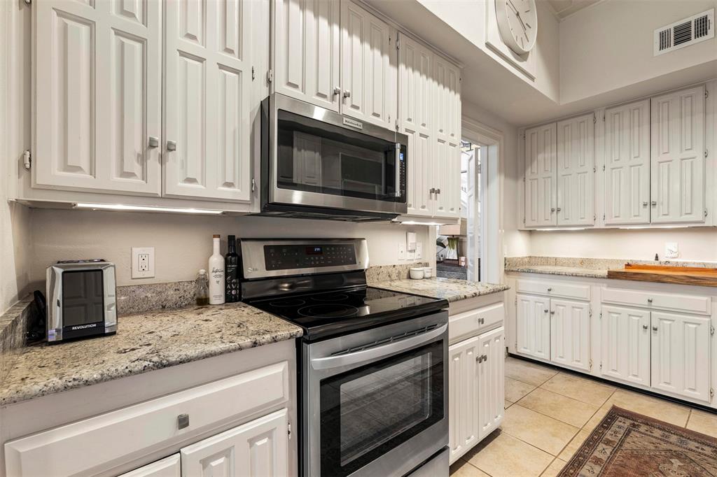 3424 Gillespie Street, Unit 5 Dallas, TX 75219 - Photo 14 of 31 a kitchen with granite countertop white cabinets and stainless steel appliances