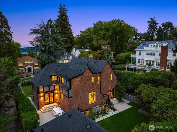 an aerial view of a house with a garden