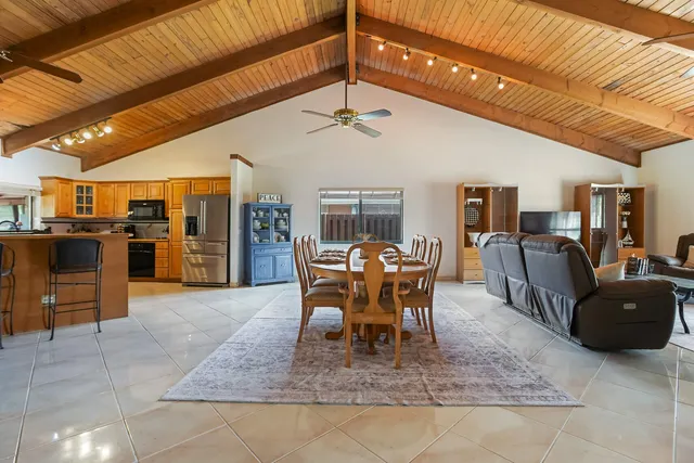 a view of a dining room with furniture
