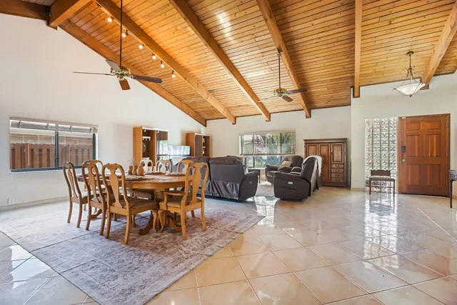 a view of a dining room with furniture