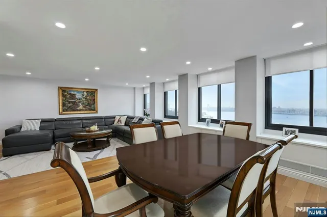 a view of a dining room with furniture