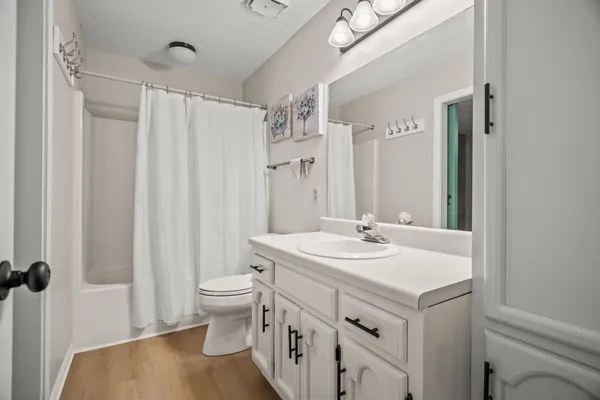 a bathroom with a sink a toilet a mirror and shower curtain