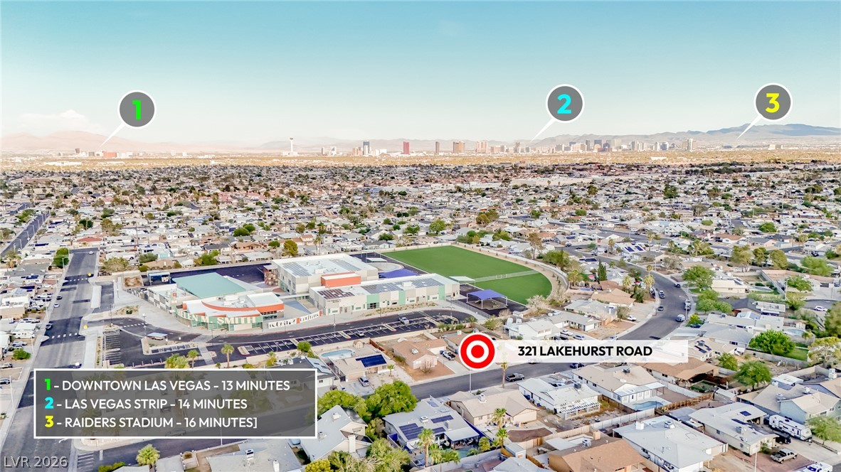 321 Lakehurst Road Las Vegas, NV 89145 - Photo 32 of 33 Aerial view showcases the neighborhood layout and proximity to prominent regional destinations.