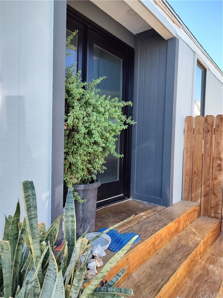 a house with a potted plant in front of door