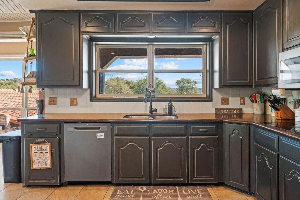 98 South Lakeshore Drive Ransom Canyon, TX 79366 - Photo 25 of 99 a kitchen with granite countertop a sink cabinets and a window
