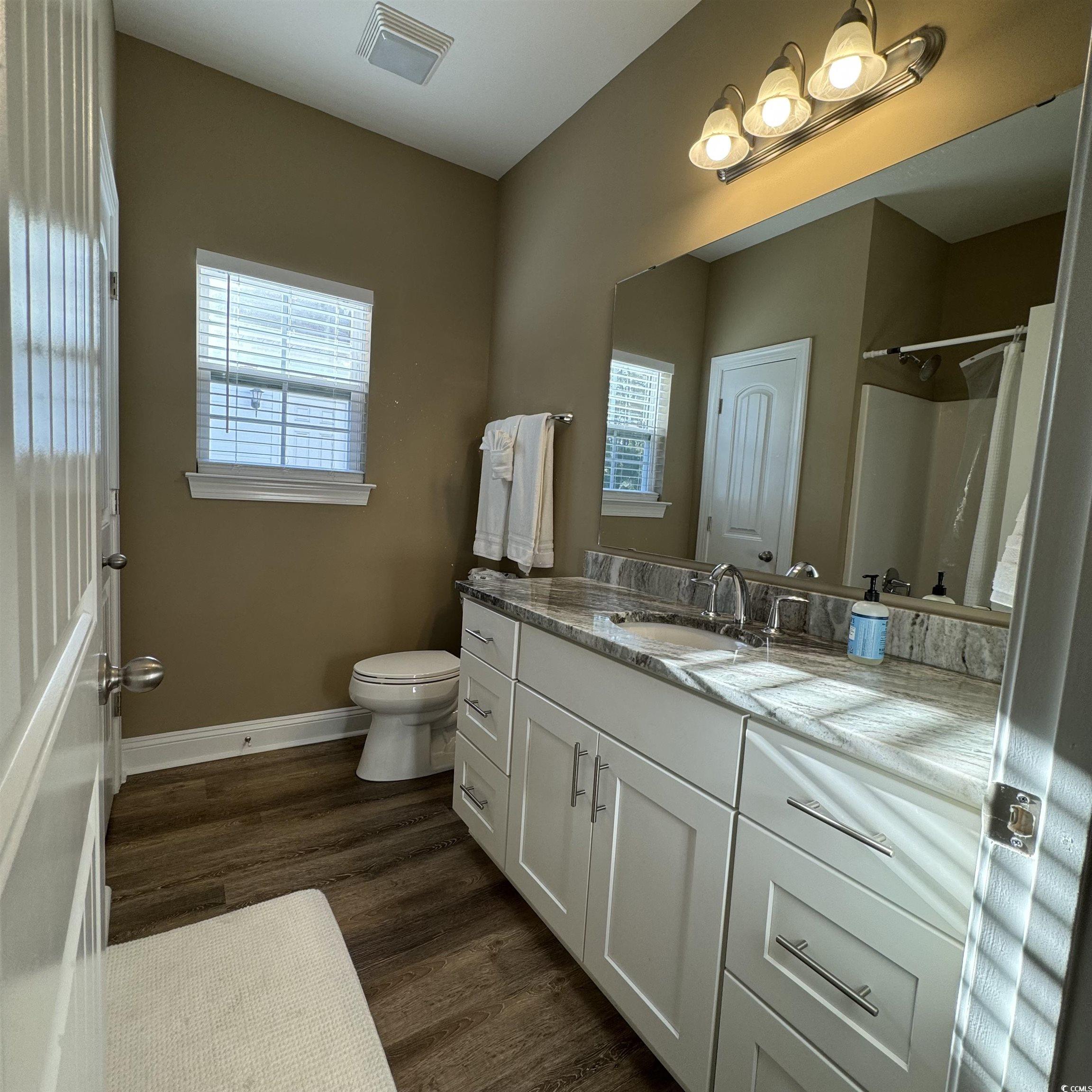 633 11th Avenue South Myrtle Beach, SC 29577 - Photo 14 of 25 Full bathroom featuring vanity, dark wood-style floors, and a shower with shower curtain