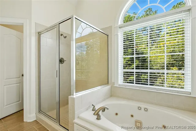 a bathroom with a bathtub and a shower