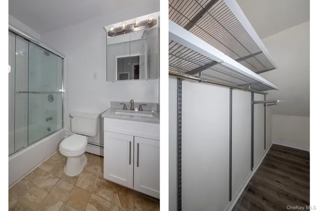 a bathroom with a granite countertop toilet and a sink