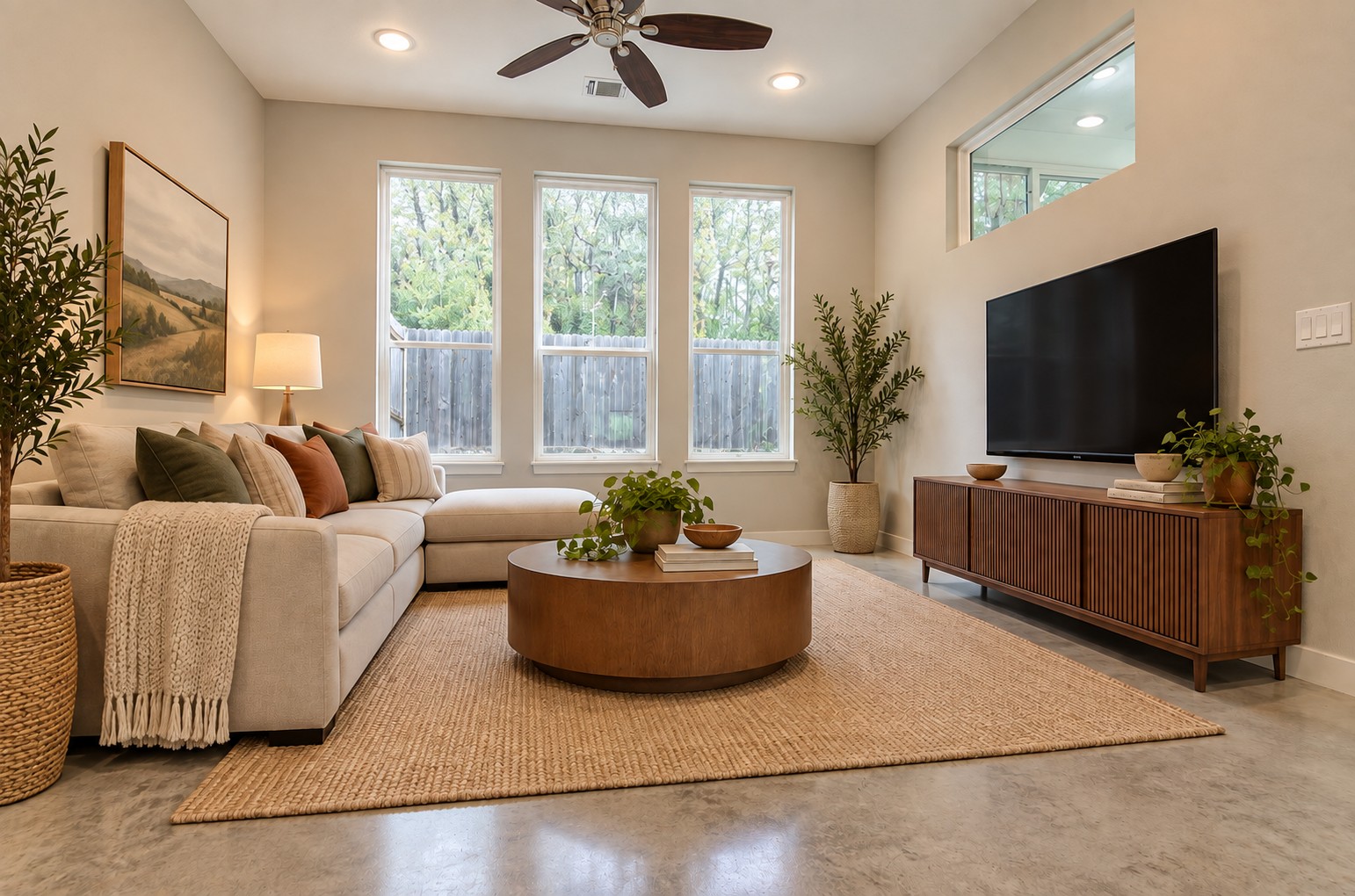 1904 Bunche Road, Unit B Austin, TX 78721 - Photo 4 of 29 *Virtually staged* Bright living room with three large windows, a ceiling fan, and a flexible layout for relaxing or entertaining.