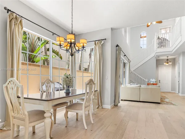 a view of a dining room with furniture window and outside view