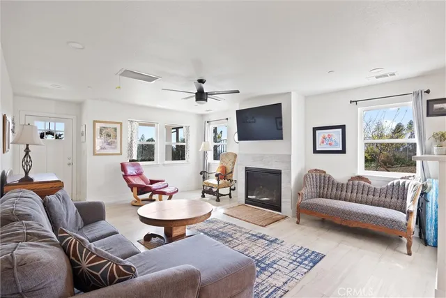 a living room with furniture a fireplace and a flat screen tv
