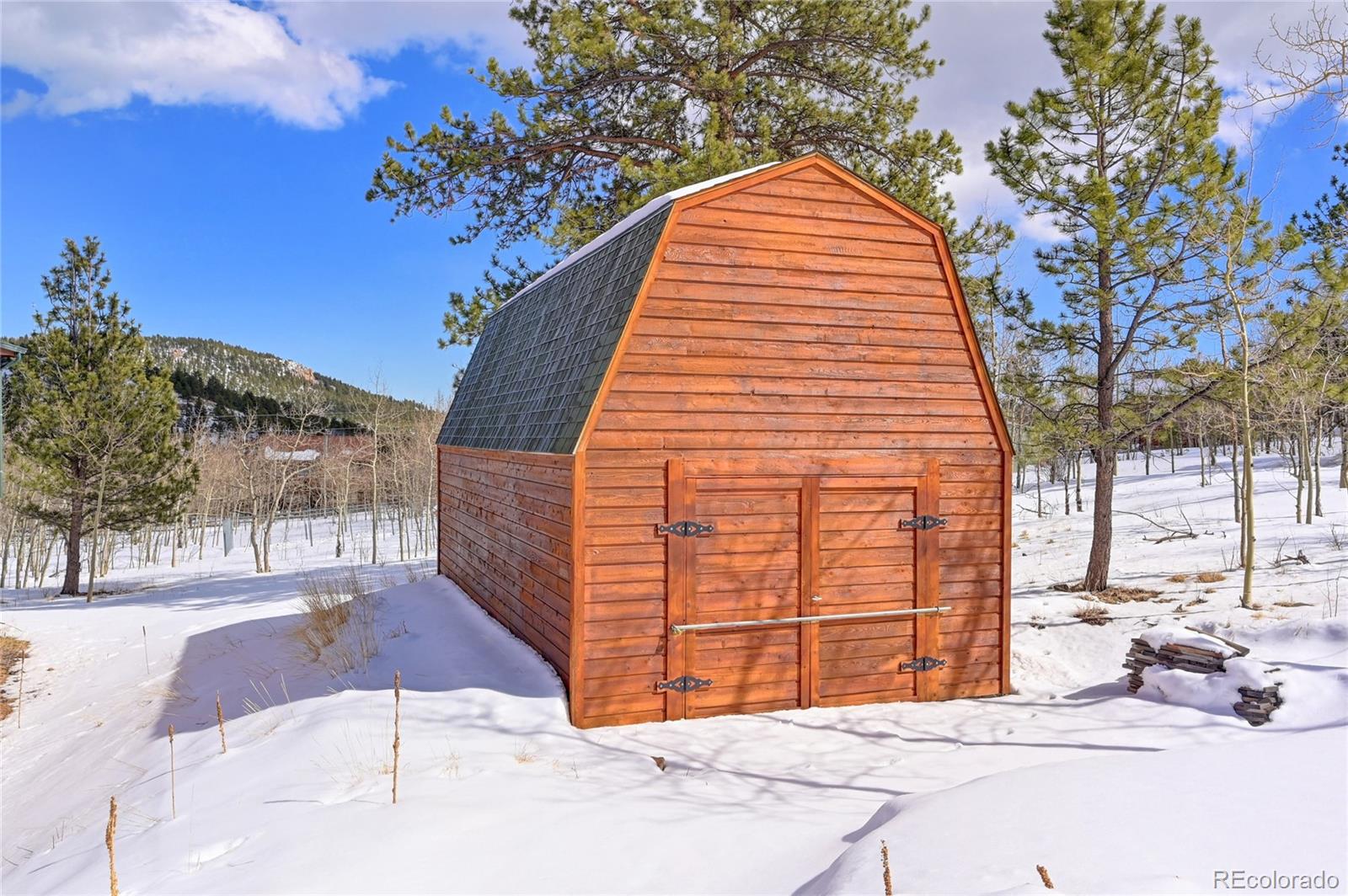 489 Saddlestring Road Bailey, CO 80421 - Photo 26 of 36 a backyard of a house with large trees and outdoor seating