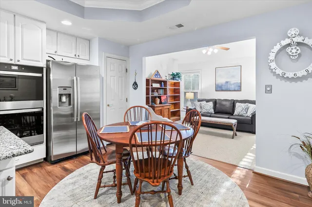 a view of a dining room with furniture