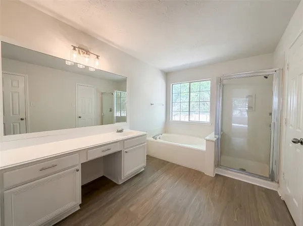 a bathroom with a tub sink shower and two mirror
