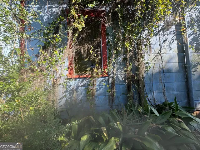 a view of a lake with large trees