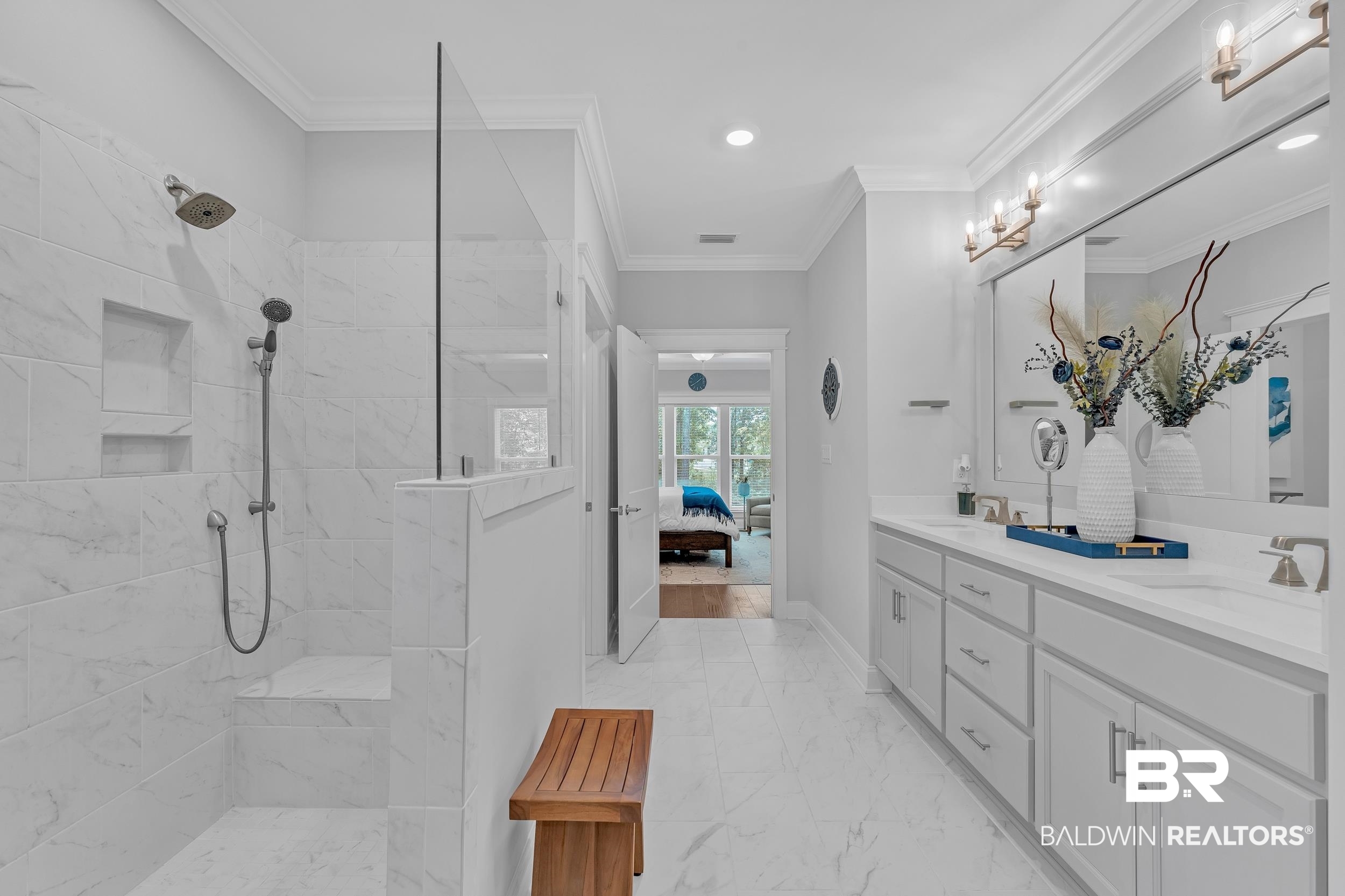 31630 Canopy Loop Daphne, AL 36527 - Photo 17 of 30 Full bath featuring double vanity, walk in shower, a sink, marble finish floor, and ensuite bath