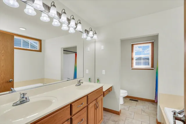 a bathroom with a sink a toilet and a mirror