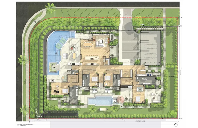 front view of a house with a yard and potted plants