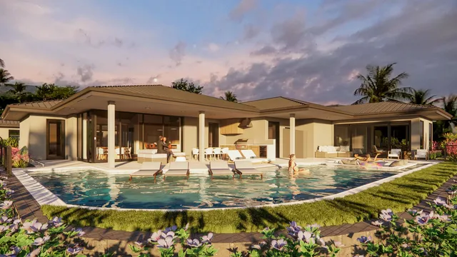 a view of a house with swimming pool and sitting area