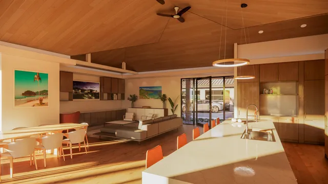 a living room with lots of furniture and a large window