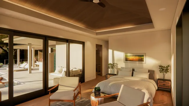 a spacious bedroom with a bed and a large window