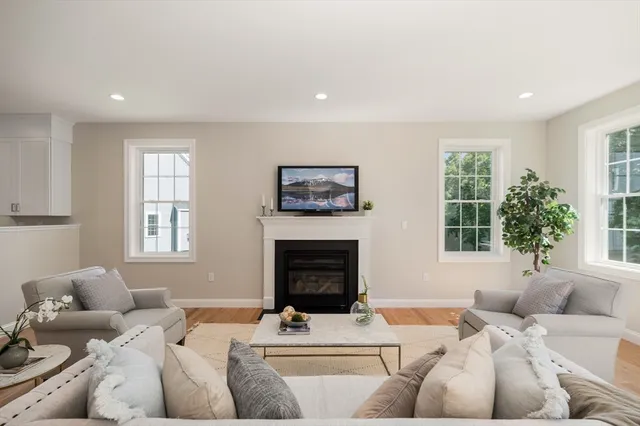 a living room with furniture a window and a fireplace