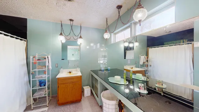a view of a garage with wooden floors