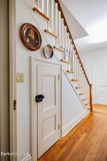 a view of a hallway with entryway wooden floor and front door