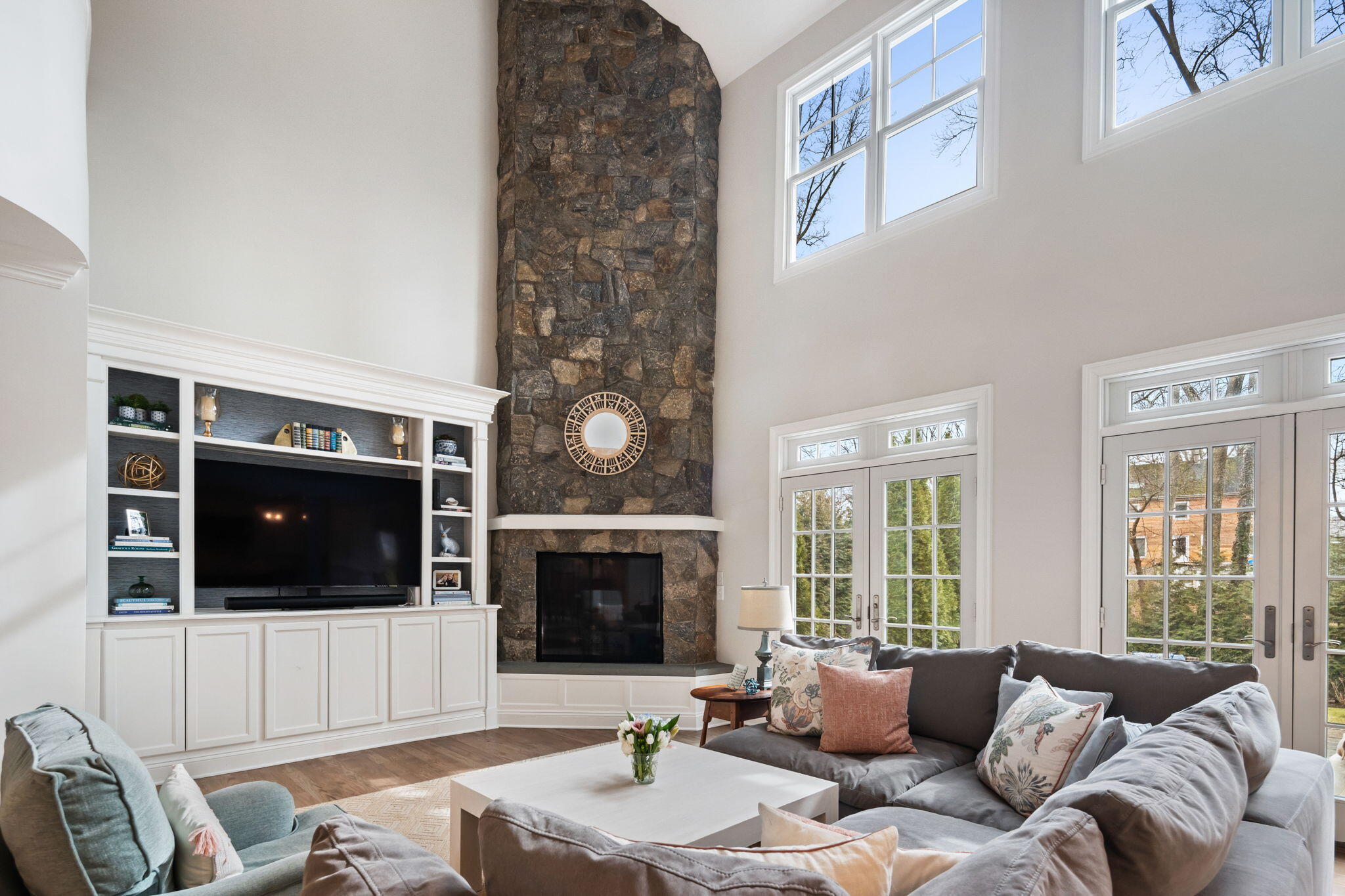 Beautiful stone fireplace in family room