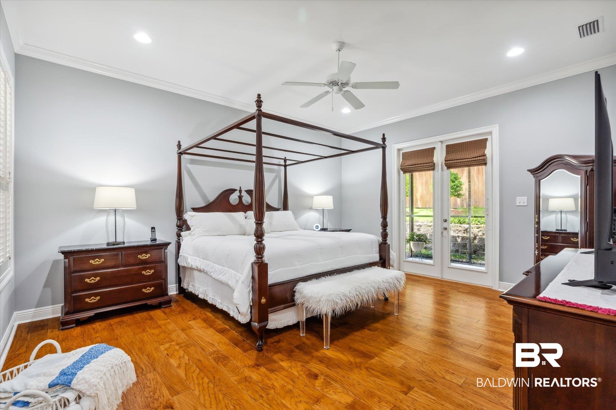 804 Country Club Road Mobile, AL 36609 - Photo 15 of 63 Bedroom with access to outside, ornamental molding, ceiling fan, and hardwood / wood-style floors