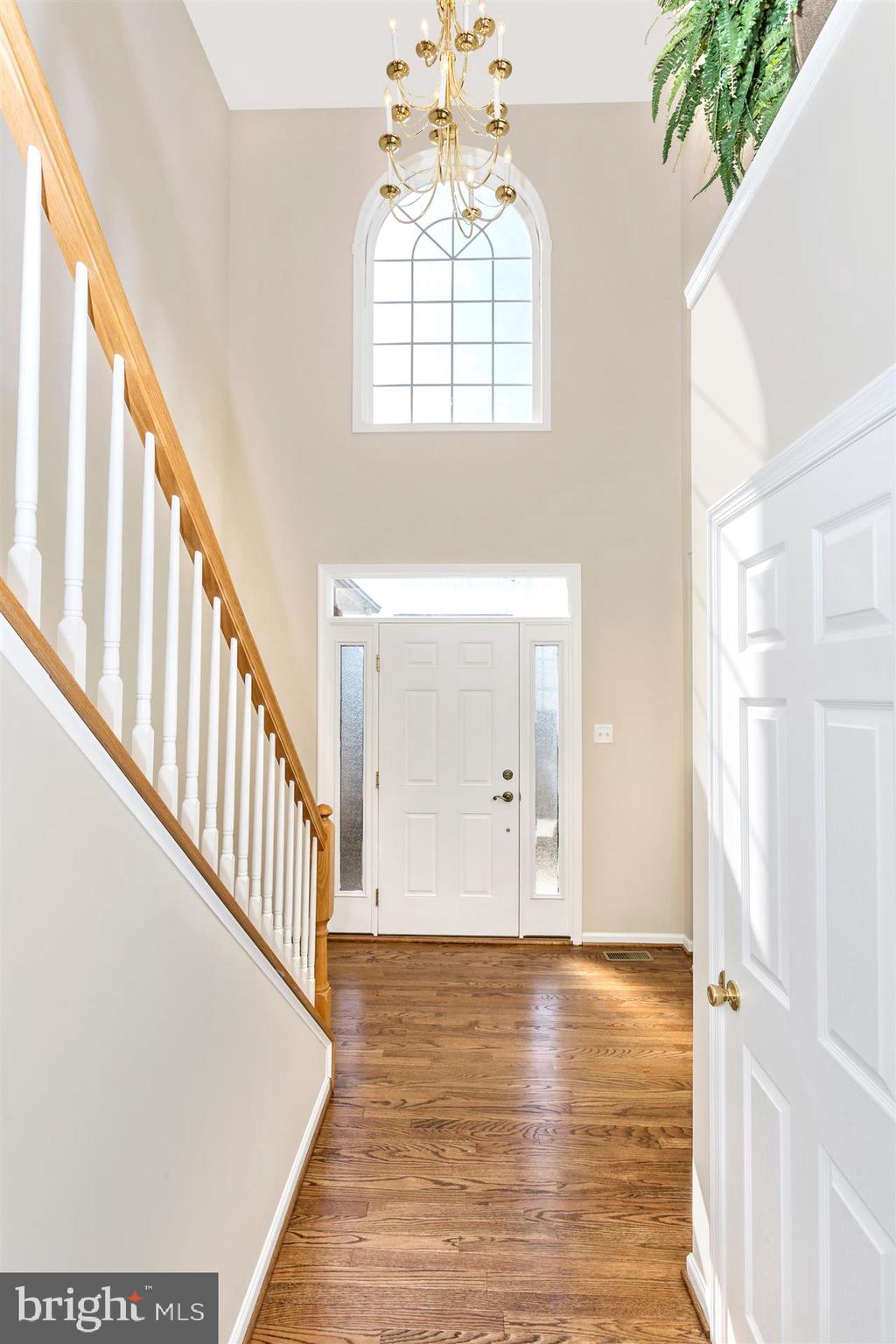 Bright open foyer with hardwood floors.