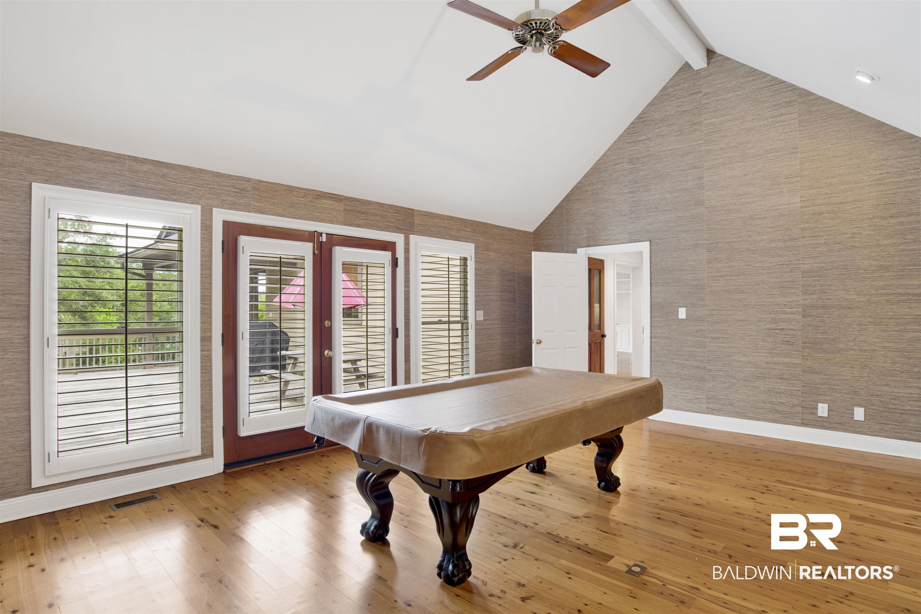 16864 Ferry Rd Circle Fairhope, AL 36532 - Photo 39 of 68 Rec room featuring billiards, wood finished floors, beam ceiling, ceiling fan, and baseboards