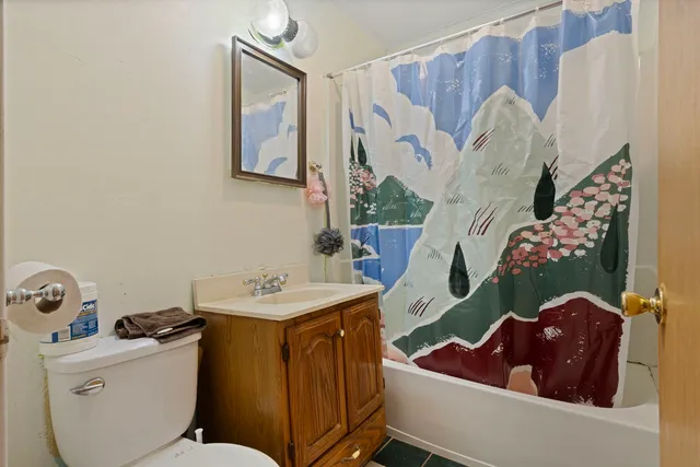 a bathroom with a toilet sink and mirror