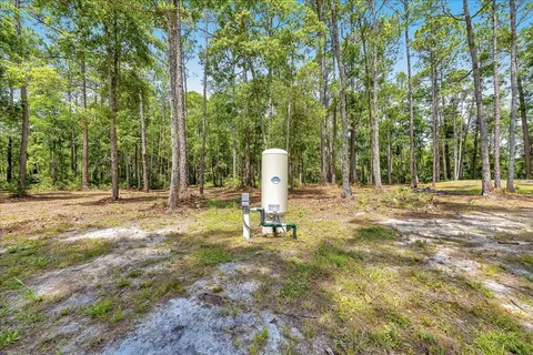 a backyard of a house with lots of green space and fountain