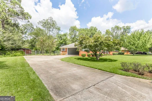 a view of a park with large trees