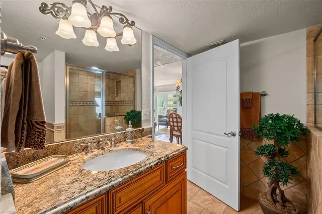 a bathroom with a granite countertop shower a sink and a mirror