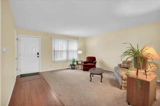 a living room with furniture and a window with potted plants