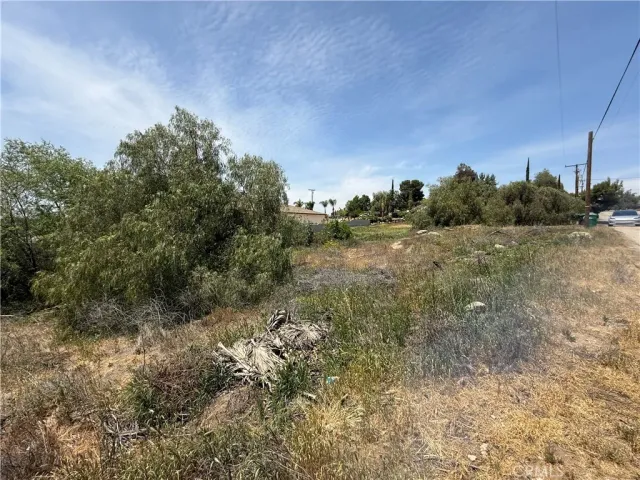 a view of a field with trees in background