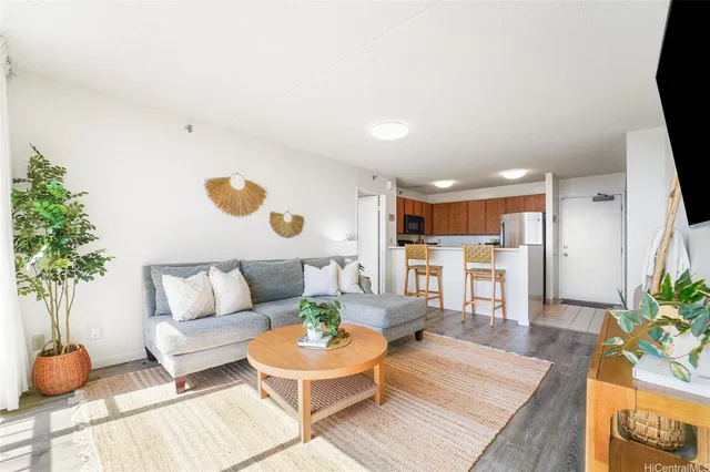 a living room with furniture and a potted plant