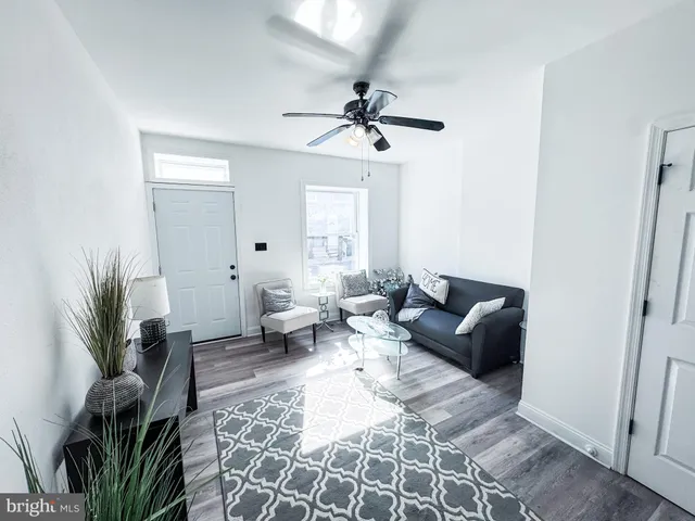 a living room with furniture potted plant and a window