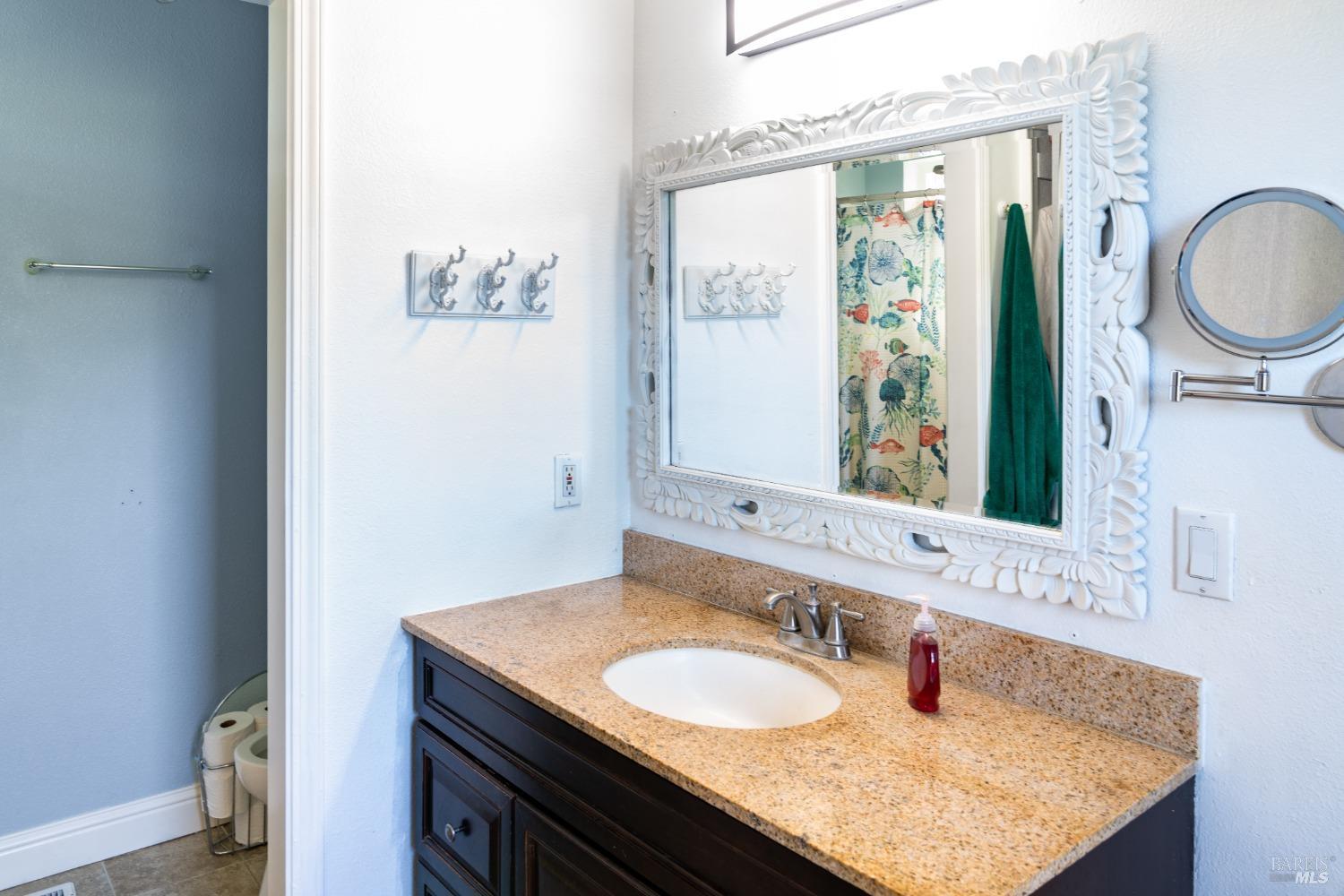 32 Boxelder Court Napa, CA 94558 - Photo 42 of 75 a bathroom with a granite countertop sink a mirror and a shower curtain