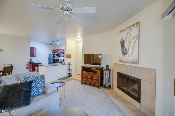 a living room with furniture and a fireplace