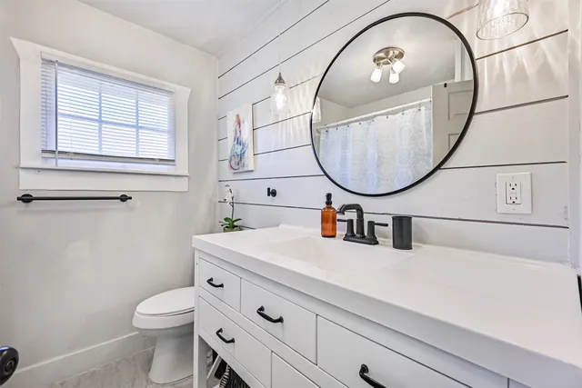 a bathroom with a sink a mirror and a toilet