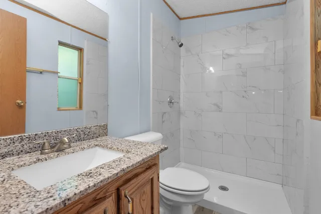 a bathroom with a granite countertop sink a toilet and shower