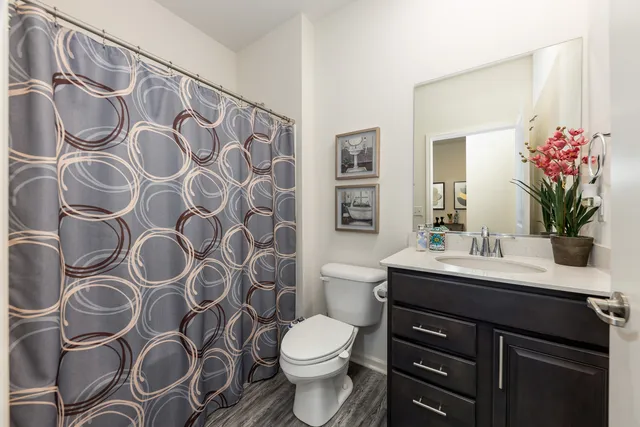 a bathroom with a sink and mirror with toilet