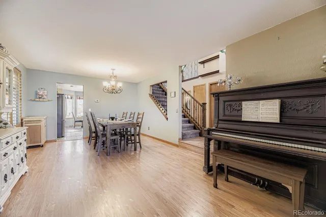 a dining room with furniture and wooden floor
