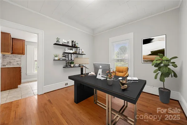 a living room with furniture wooden floor and a potted plant